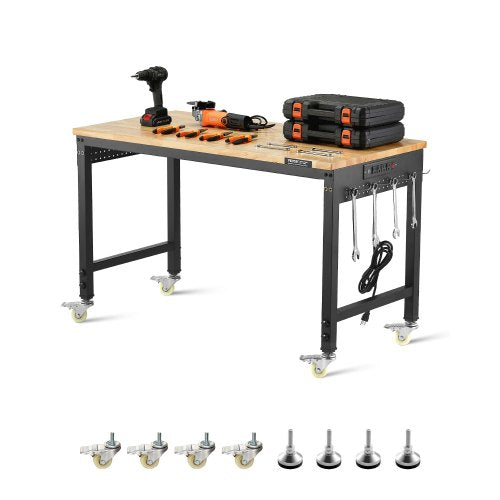 1219 mm Adjustable Workbench, 907 kg Load, Work Bench with Power Outlet, Wheels, and Pegboard, Heavy Duty Oak Wood Top Work Table for Garage, Workshop, Office, and Home
