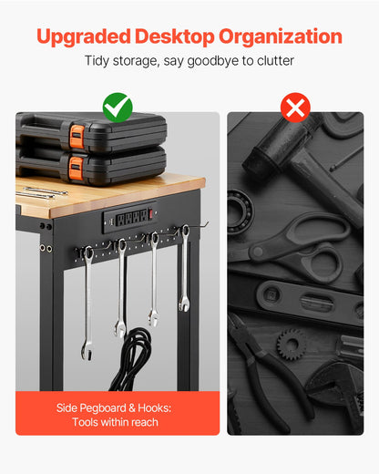 Verstellbare Werkbank (1219 mm), Tragkraft 907 kg, mit Steckdose, Rollen und Lochwand, robuste Arbeitsplatte aus Eichenholz für Garage, Werkstatt, Büro und Zuhause