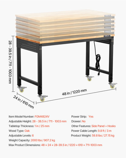 Verstellbare Werkbank (1219 mm), Tragkraft 907 kg, mit Steckdose, Rollen und Lochwand, robuste Arbeitsplatte aus Eichenholz für Garage, Werkstatt, Büro und Zuhause