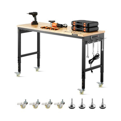 1524 mm Adjustable Workbench, 907 kg Load, Work Bench with Power Outlet, Wheels, and Pegboard, Heavy Duty Oak Wood Top Work Table for Garage, Workshop, Office, and Home