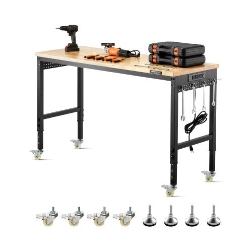 1524 mm Adjustable Workbench, 907 kg Load, Work Bench with Power Outlet, Wheels, and Pegboard, Heavy Duty Oak Wood Top Work Table for Garage, Workshop, Office, and Home