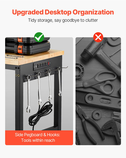 1524 mm Adjustable Workbench, 907 kg Load, Work Bench with Power Outlet, Wheels, and Pegboard, Heavy Duty Oak Wood Top Work Table for Garage, Workshop, Office, and Home