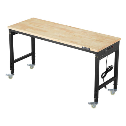 1524 mm Adjustable Workbench, 907 kg Load, Work Bench with Power Outlet, Wheels, and Pegboard, Heavy Duty Oak Wood Top Work Table for Garage, Workshop, Office, and Home