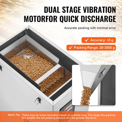 Particle Filling Machine, 0.044-6.6 lbs/20-3000g, Automatic Filler Machine with Foot Pedal, Stainless Steel Weighing Filling Machine, Weigh Filler for Beans Seeds Grains Tea Granular Packing