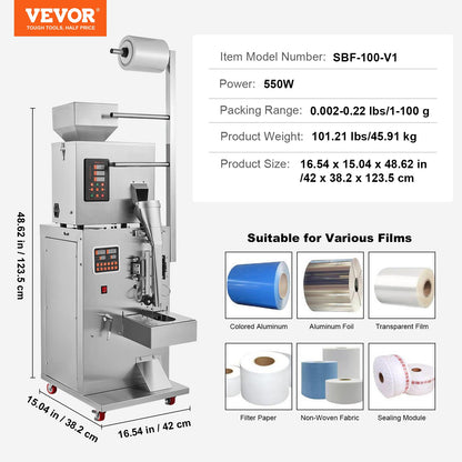 Automatic Particle Packaging Machine, 0.002-0.22lbs/1-100g, Multi-Function Pouch Powder Sachet Weighting Filling Packing Machine, Powder Filler Machine for Tea Seeds Grains Flour Beans Glitter
