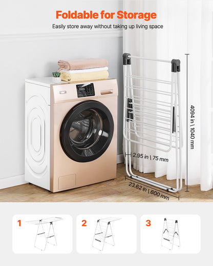 Clothes Drying Rack, 2-Tier Foldable Laundry Dryer Rack with Sock Clips & 21 Drying Rods, Metal Height Adjustable Drying Racks for Outdoor & Indoor, Free-Standing & Space-Saving Hanger, White