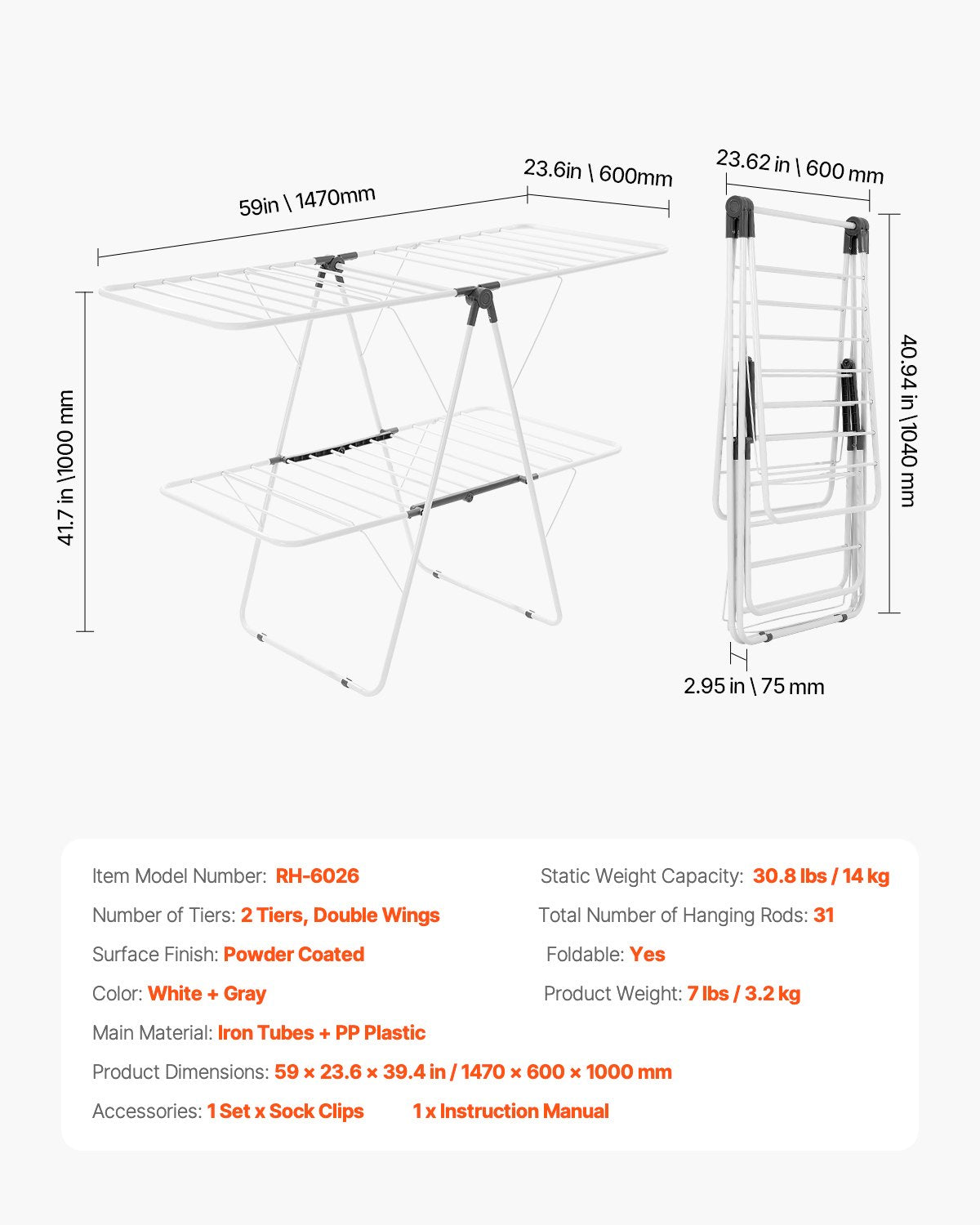 Wäscheständer, 2-stöckig, faltbar, mit Sockenclips und 31 Trockenstangen, höhenverstellbar, aus Metall, für drinnen und draußen, freistehend und platzsparend, weiß