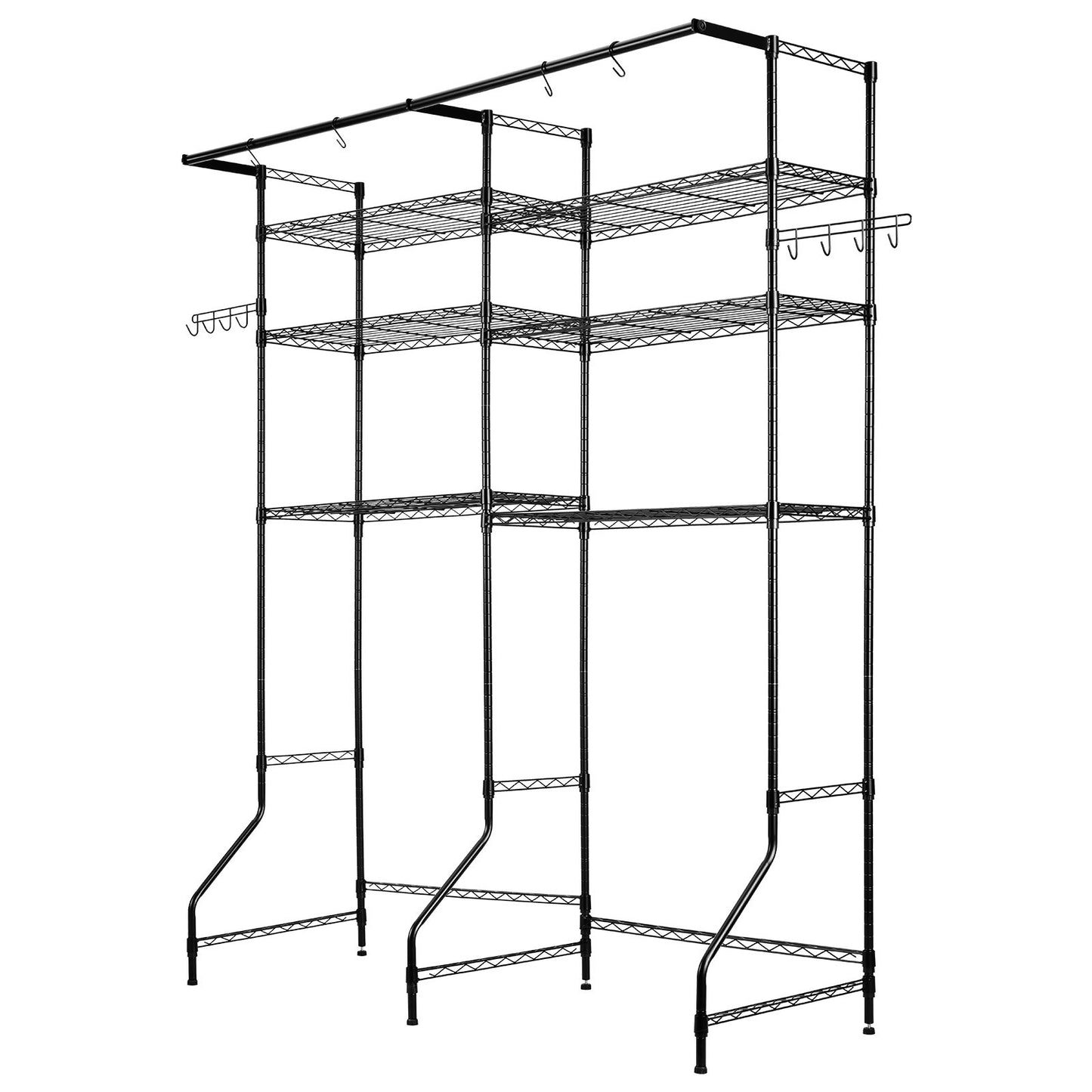 Over Washer and Dryer Storage Shelves, 6 Tiers Laundry Room Drying Rack with Hanger Rod and Hooks, Two Rows Adjustable Washer Shelves Space Saver, for Laundry Room Storage & Organization, Black