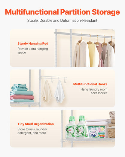 Over Washer and Dryer Storage Shelves, 4 Tiers Laundry Room Drying Rack with Hanger Rod and Hooks, Two Rows Adjustable Washer Shelves Space Saver, for Laundry Room Storage & Organization, White