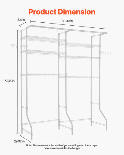 Over Washer and Dryer Storage Shelves, 6 Tiers Laundry Room Drying Rack with Hanger Rod and Hooks, Two Rows Adjustable Washer Shelves Space Saver, for Laundry Room Storage & Organization, White