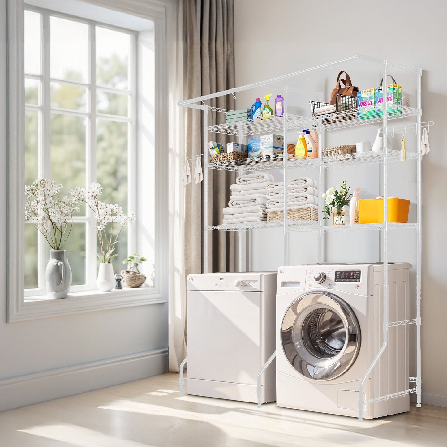 Over Washer and Dryer Storage Shelves, 6 Tiers Laundry Room Drying Rack with Hanger Rod and Hooks, Two Rows Adjustable Washer Shelves Space Saver, for Laundry Room Storage & Organization, White