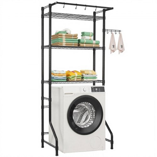 Over Washer and Dryer Storage Shelf, 3 Tiers Laundry Room Drying Rack with Hanger Rod and Hooks, Single Row Adjustable Washer Shelves Space Saver, for Laundry Room Storage & Organization, Black