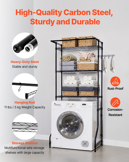 Over Washer and Dryer Storage Shelf, 3 Tiers Laundry Room Drying Rack with Hanger Rod and Hooks, Single Row Adjustable Washer Shelves Space Saver, for Laundry Room Storage & Organization, Black