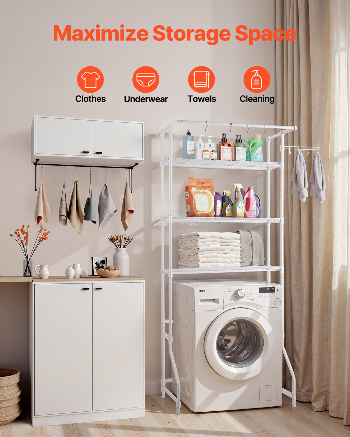 Over Washer and Dryer Storage Shelf, 3 Tiers Laundry Room Drying Rack with Hanger Rod and Hooks, Single Row Adjustable Washer Shelves Space Saver, for Laundry Room Storage & Organization, White
