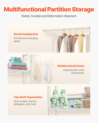 Over Washer and Dryer Storage Shelf, 3 Tiers Laundry Room Drying Rack with Hanger Rod and Hooks, Single Row Adjustable Washer Shelves Space Saver, for Laundry Room Storage & Organization, White