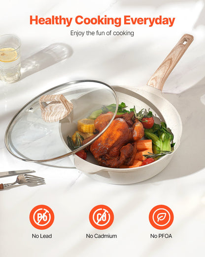 17 Piece Pots and Pans Set, Granite Nonstick Cookware Set, Induction Cookwares, Kitchen RV Cooking Sets with Frying, Sauce, Saute, Tempered Glass Lids, and Pan Protectors, White