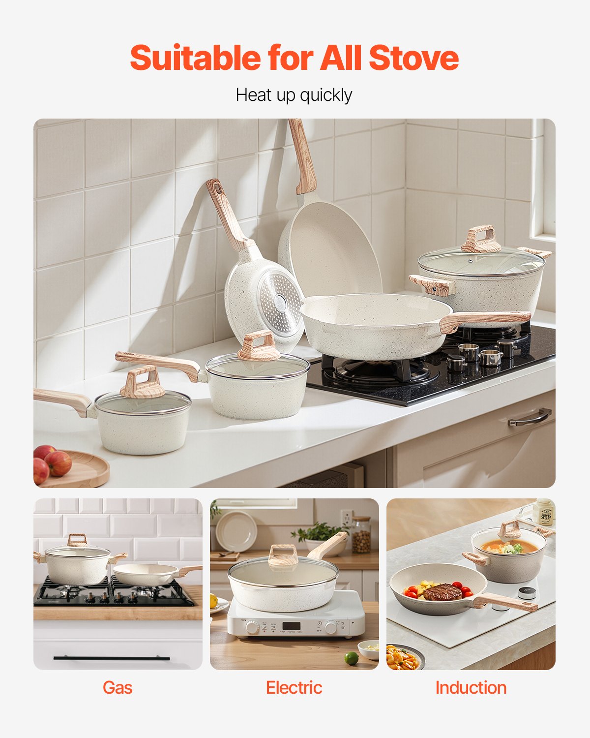 17 Piece Pots and Pans Set, Granite Nonstick Cookware Set, Induction Cookwares, Kitchen RV Cooking Sets with Frying, Sauce, Saute, Tempered Glass Lids, and Pan Protectors, White