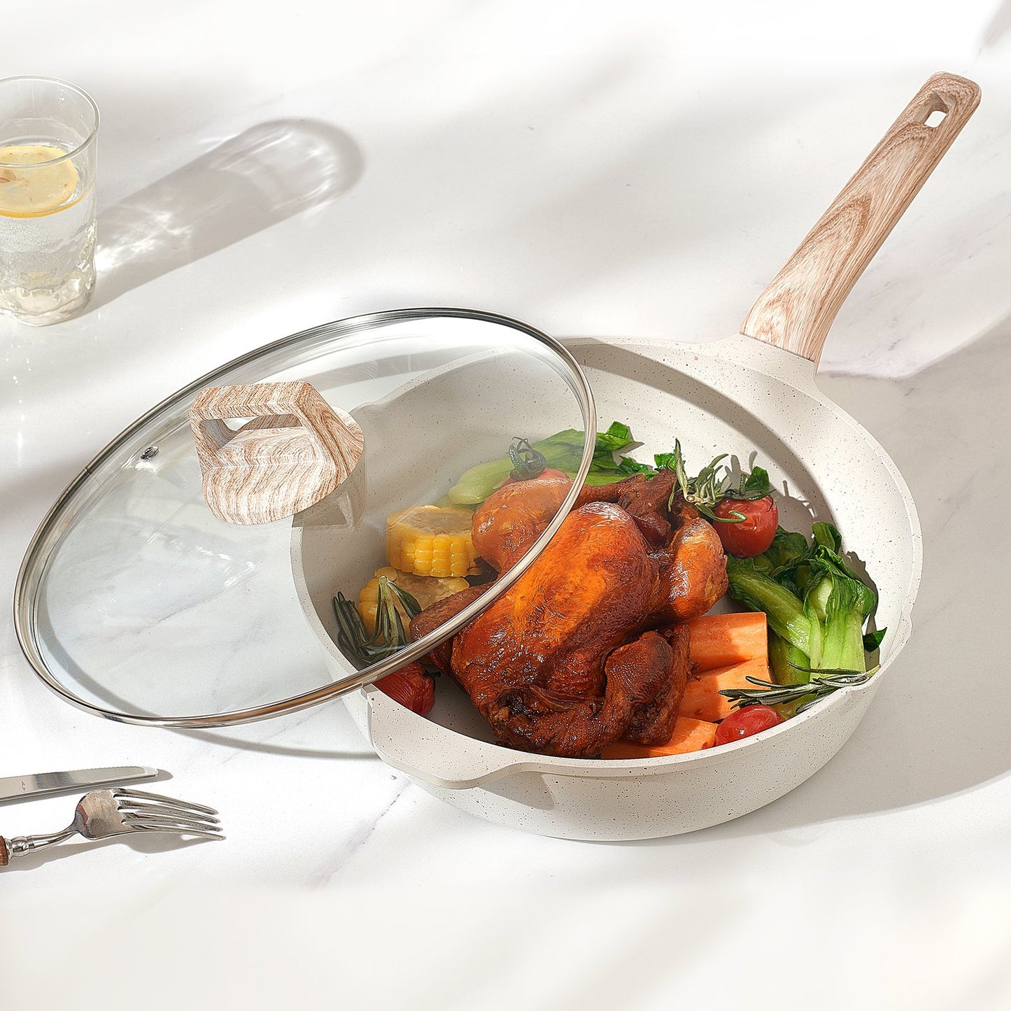 17 Piece Pots and Pans Set, Granite Nonstick Cookware Set, Induction Cookwares, Kitchen RV Cooking Sets with Frying, Sauce, Saute, Tempered Glass Lids, and Pan Protectors, White