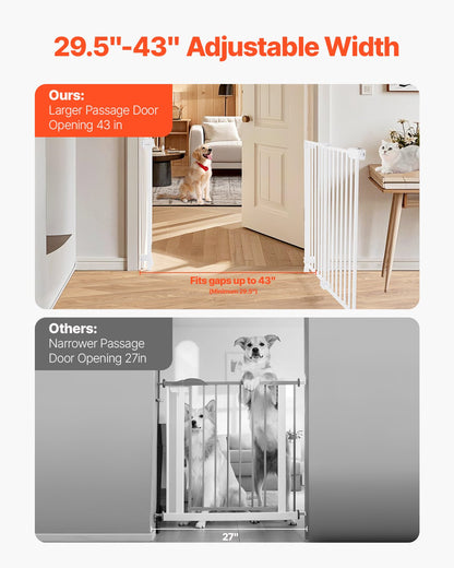 Baby Gate, 29.5-43 Inches Adjustable Width, 28 Inches High Dog Gate, No Threshold Bar, Easy Step Walk Thru, for Child Pet Security, with Screws, One-Hand Open, for Stairs and Doorways, White