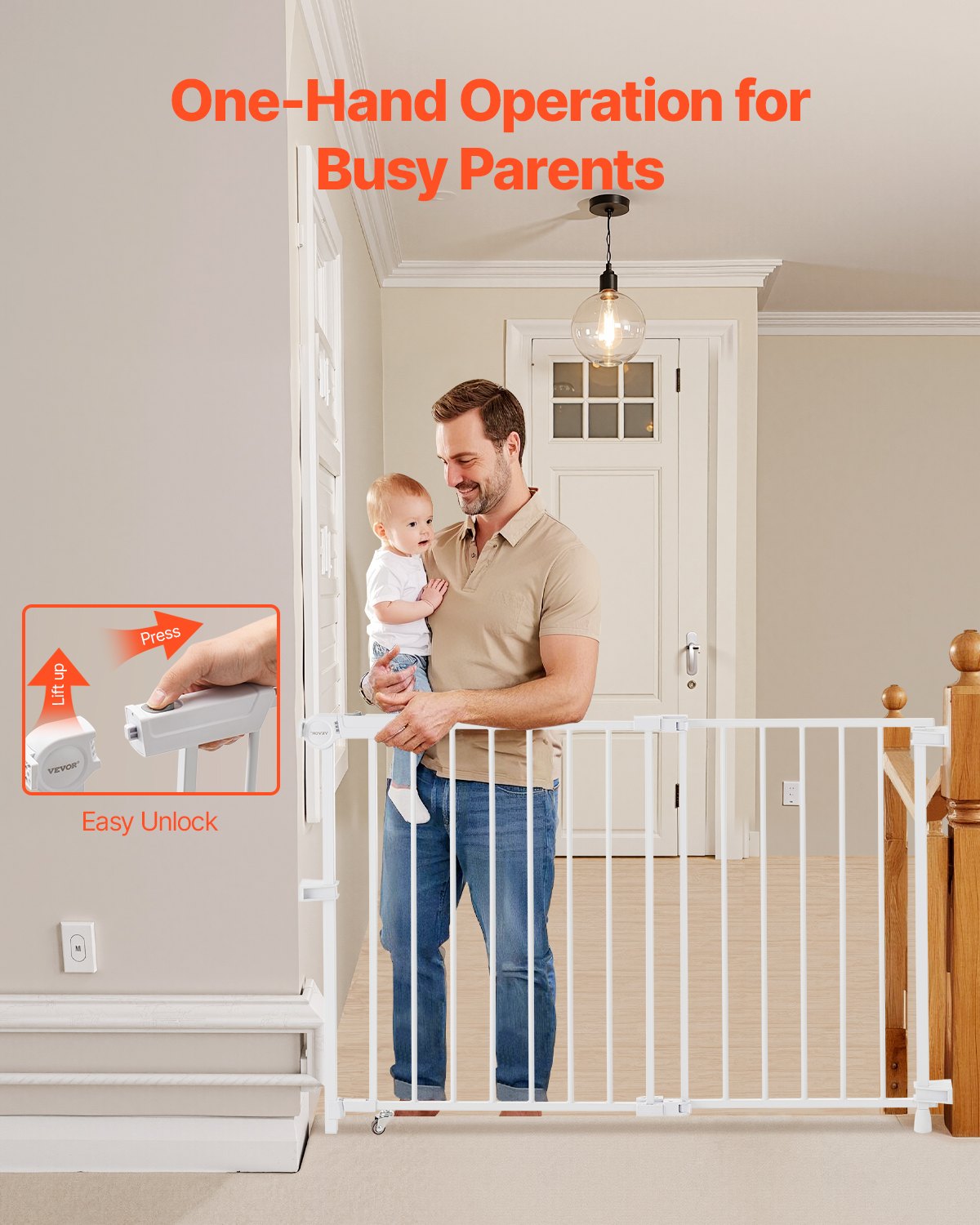 Baby Gate, 29.5-43 Inches Adjustable Width, 28 Inches High Dog Gate, No Threshold Bar, Easy Step Walk Thru, for Child Pet Security, with Screws, One-Hand Open, for Stairs and Doorways, White
