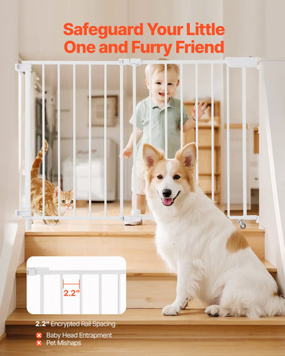 Baby Gate, 29.5-43 Inches Adjustable Width, 28 Inches High Dog Gate, No Threshold Bar, Easy Step Walk Thru, for Child Pet Security, with Screws, One-Hand Open, for Stairs and Doorways, White