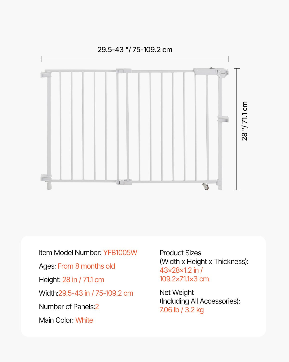 Baby Gate, 29.5-43 Inches Adjustable Width, 28 Inches High Dog Gate, No Threshold Bar, Easy Step Walk Thru, for Child Pet Security, with Screws, One-Hand Open, for Stairs and Doorways, White