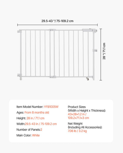 Baby Gate, 29.5-43 Inches Adjustable Width, 28 Inches High Dog Gate, No Threshold Bar, Easy Step Walk Thru, for Child Pet Security, with Screws, One-Hand Open, for Stairs and Doorways, White