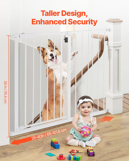 Baby Gate, 26-40 Inches Adjustable Width, 36 Inches High Dog Gate, Easy Step Walk Thru, for Child Pet Security, Pressure Mount Kit, Wall Cups, One-Hand Open, for Stairs and Doorways, White