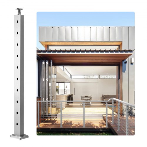 Cable Railing Post, 36" x 1" x 2" Steel Horizontal Hole Deck Railing Post, 11 Pre-Drilled Holes, SUS304 Stainless Steel Cable Rail Post with Horizontal and Curved Bracket, LGZYY91.42.551C3JV0