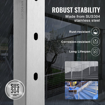 Cable Railing Post, 36" x 1" x 2" Steel Horizontal Hole Deck Railing Post, 11 Pre-Drilled Holes, SUS304 Stainless Steel Cable Rail Post with Horizontal and Curved Bracket, LGZYY91.42.551C3JV0
