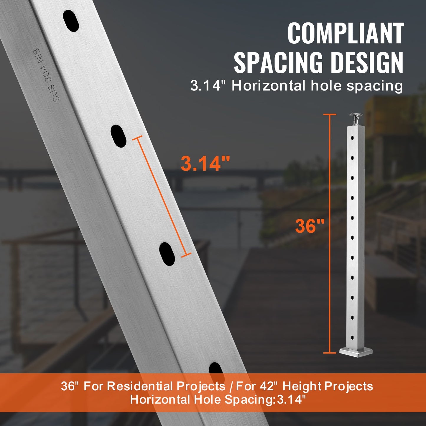 Cable Railing Post, 36" x 1" x 2" Steel Horizontal Hole Deck Railing Post, 11 Pre-Drilled Holes, SUS304 Stainless Steel Cable Rail Post with Horizontal and Curved Bracket, LGZYY91.42.551C3JV0