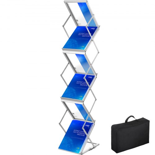 Literature Rack, 6 Pockets, Pop up Aluminum Magazine Rack, Lightweight Catalog Holder Stand w/ Carrying Bag for Living Room, Hotel, Trade Show, Exhibition, Office