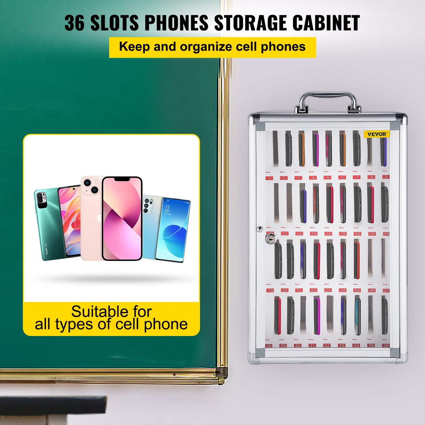 Cell Phone Storage Cabinet, 36 Slots, Aluminum Alloy Pocket Chart Storage Locker Box with Portable Handle, Key Lock & Handwritten Tags, Wall Mounted for Classroom, Office, Gym
