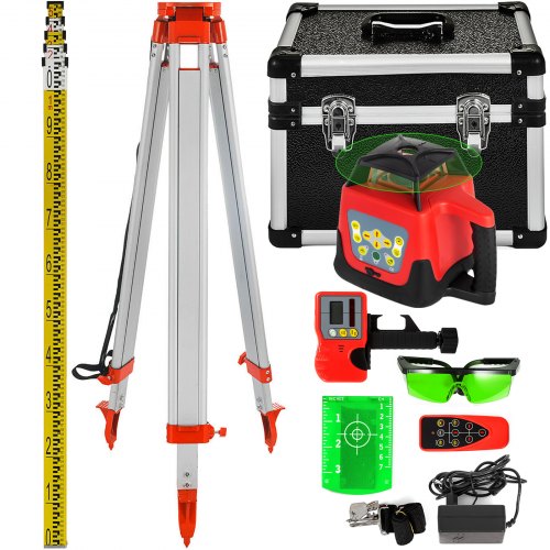 Green Rotary Laser Level Kit with Adjustable Tripod and 5M Staff, 500M Range, 360 Degree Rotary Scanning, Self-Leveling Laser Level System Kit, for Construction Projection