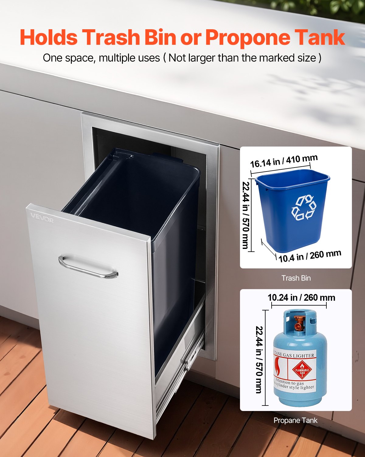 Outdoor Kitchen Trash Drawer, 13.54"W x 19.61"D x 25.79"H Interior Storage, Multi-Purpose Outdoor Kitchen Drawers Stainless Steel, 55 lbs Max Capacity per Tier, for Outdoors BBQ Island Kitchens