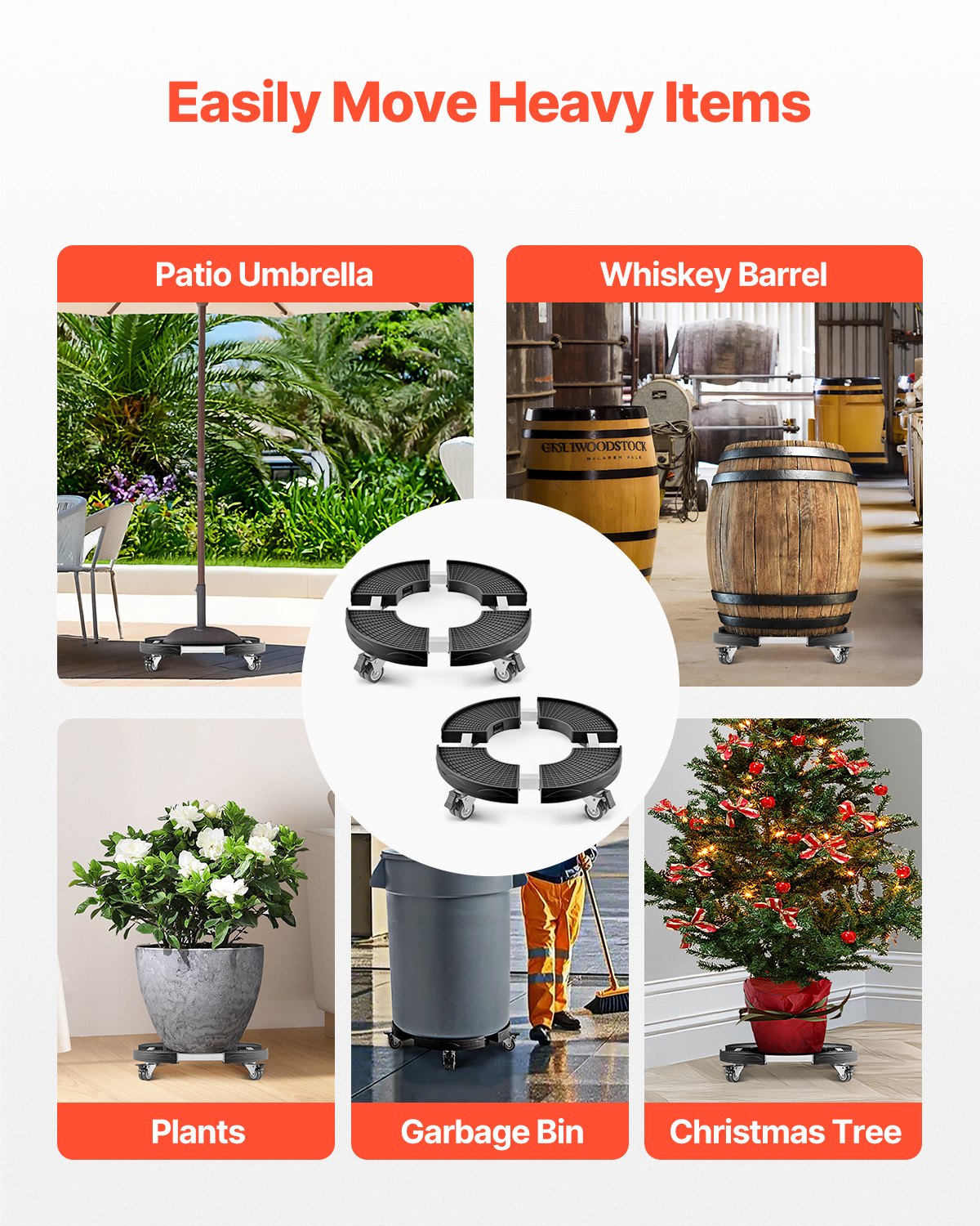 Trash Can Dolly with 4 Lockable Wheels, 440lbs Weight Capacity, 2 Packs Round Trash Can Roller Base, 15-22.8 in Adjustable, Heavy Duty Plant Caddy, Multi-Functional Rolling Dolly Cart, Black