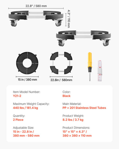Trash Can Dolly with 4 Lockable Wheels, 440lbs Weight Capacity, 2 Packs Round Trash Can Roller Base, 15-22.8 in Adjustable, Heavy Duty Plant Caddy, Multi-Functional Rolling Dolly Cart, Black