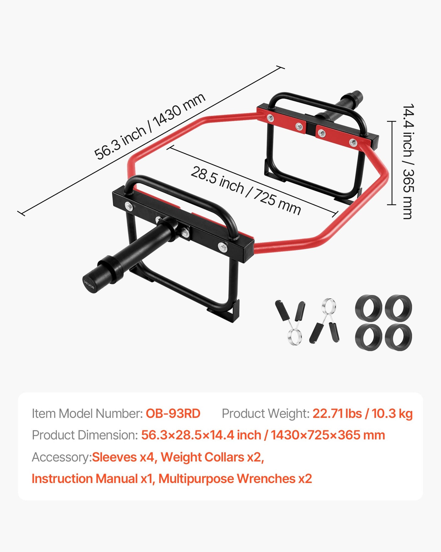 Trap Bar Hex Bar, 50mm Hex Barbell, 240 kg Capacity Shrug Bars, Weightlifting and Strength Training Equipment, Home Gym for Squats, Deadlifts, Shoulder Presses, Red