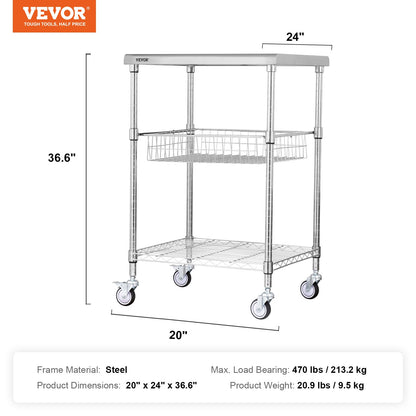 Kitchen Utility Cart, 3 Tiers, Wire Rolling Cart with 470LBS Capacity, Steel Service Cart on Wheels, Metal Storage Trolley with 76mm Basket Curved Handle PP Liner 6 Hooks, for Indoor and Outdoor