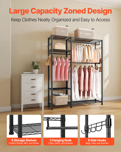Clothing Garment Rack, Heavy Duty Clothes Rack, 6 Adjustable Tiers Clothes Racks with Steel Frame, 363 kg Load Capacity Closet Wardrobe with 3 Hanging Rods for Bedroom, Clothing Store, Hallway