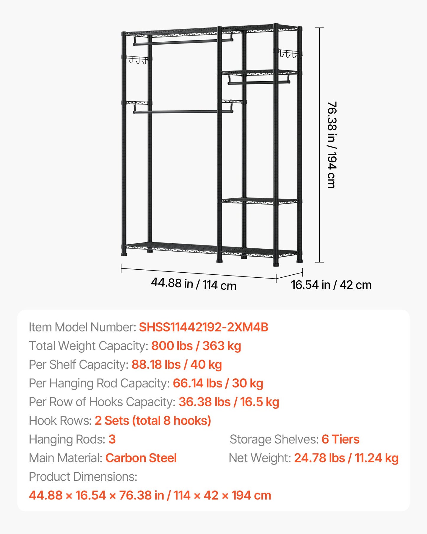 Clothing Garment Rack, Heavy Duty Clothes Rack, 6 Adjustable Tiers Clothes Racks with Steel Frame, 363 kg Load Capacity Closet Wardrobe with 3 Hanging Rods for Bedroom, Clothing Store, Hallway