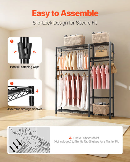 Clothing Garment Rack, Heavy Duty Clothes Rack, 6 Adjustable Tiers Clothes Racks with Steel Frame, 363 kg Load Capacity Closet Wardrobe with 3 Hanging Rods for Bedroom, Clothing Store, Hallway