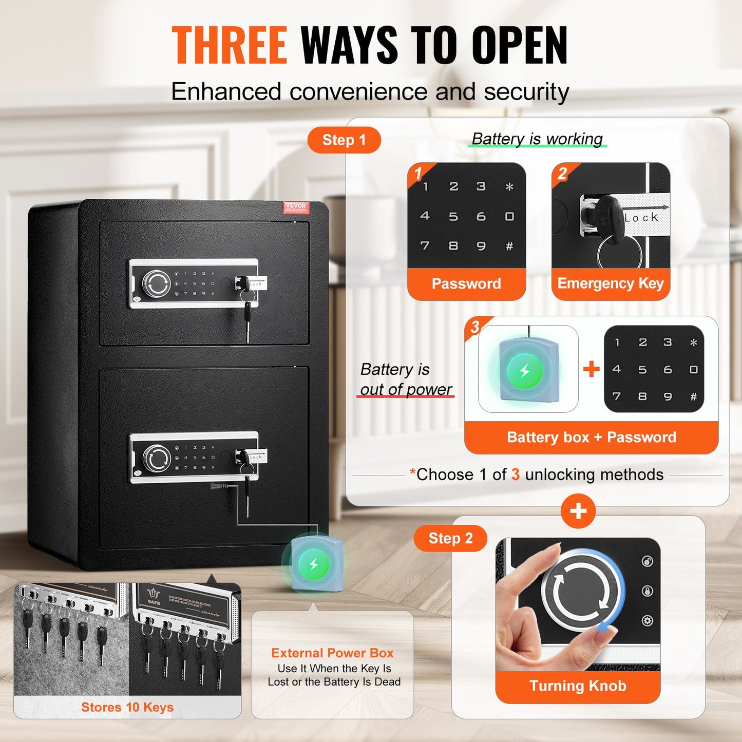 Double Doors 3.5 cu.ft Safe Box with Key Lock & Password, Safe Lock Box with Fireproof Bag, Key Rack, LED Light and 2 Height Adjustable and Removable Divider for Money, Documents, Jewelry and Valuables, Black