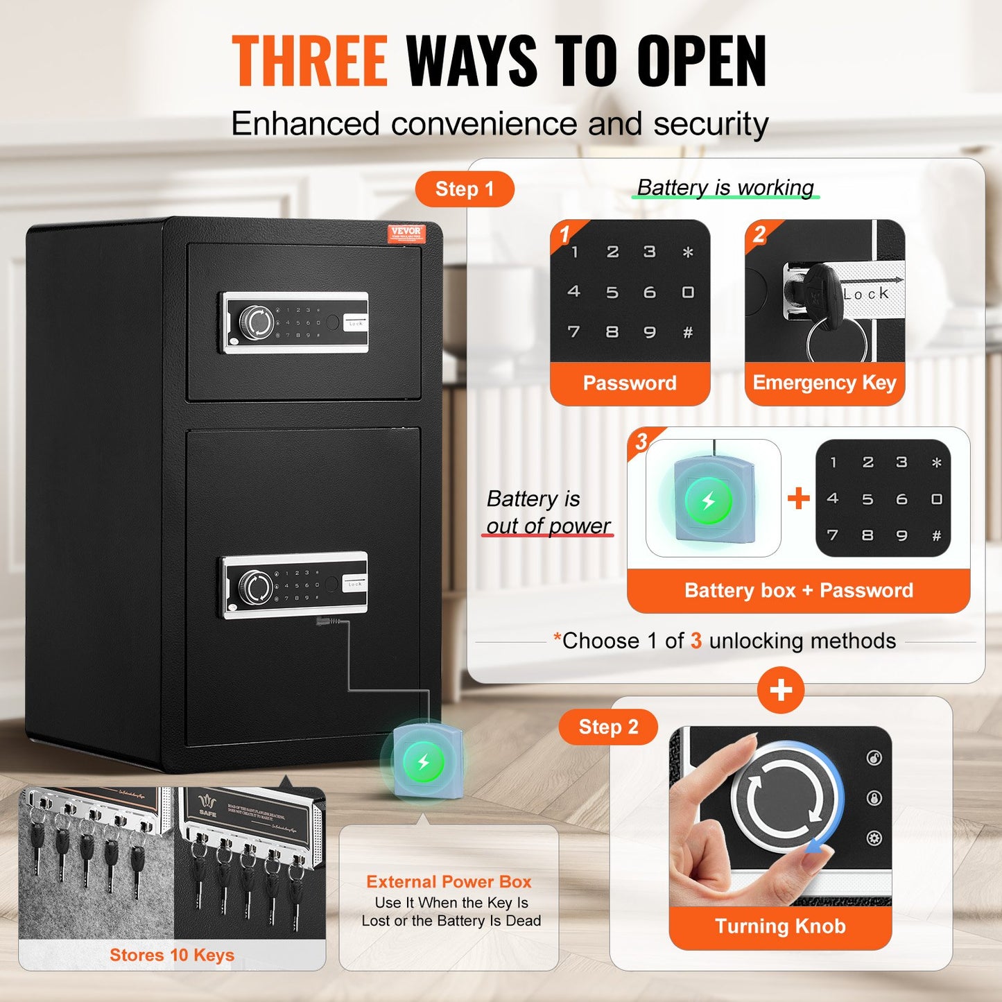 Double Doors 4.5 cu.ft Safe Box with Key Lock & Password, Safe Lock Box with Fireproof Bag, Key Rack, LED Light and 2 Height Adjustable and Removable Divider for Money, Documents, Jewelry and Valuables, Black