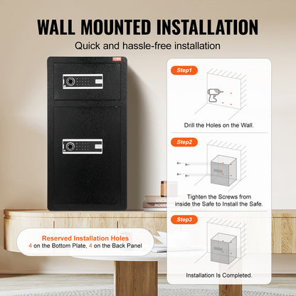 Double Doors 5.5 cu.ft Safe Box with Key Lock & Password, Safe Lock Box with Fireproof Bag, Key Rack, LED Light, 2 Height Adjustable and Removable Divider and 1 Cabinet for Money, Documents, Jewelry and Valuables, Black