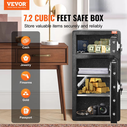 Double Doors 204 L Safe Box with Key Lock & Password, Safe Lock Box with Fireproof Bag, Key Rack, LED Light and 2 Height Adjustable and Removable Divider for Money, Documents, Jewelry and Valuables, Black