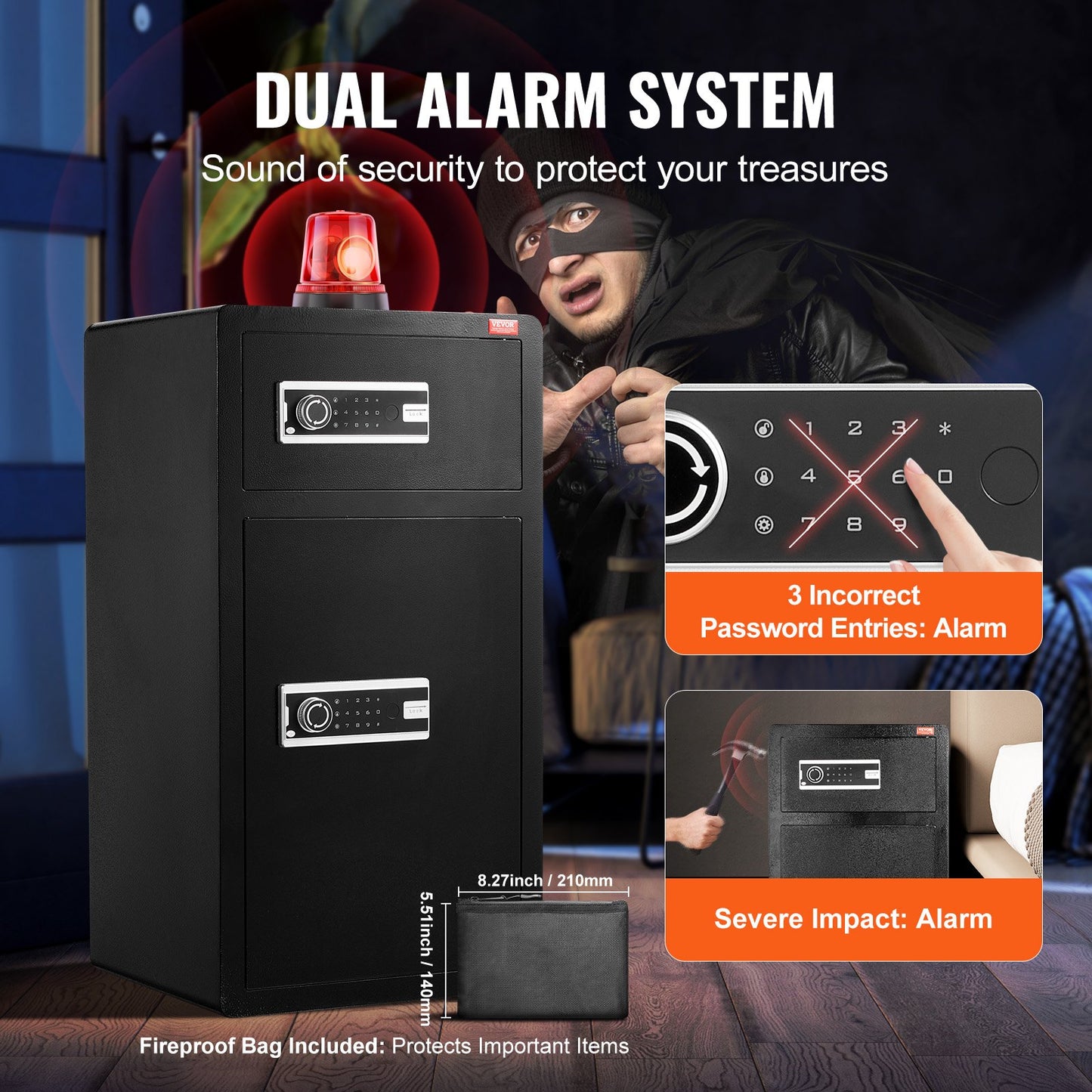 Double Doors 204 L Safe Box with Key Lock & Password, Safe Lock Box with Fireproof Bag, Key Rack, LED Light and 2 Height Adjustable and Removable Divider for Money, Documents, Jewelry and Valuables, Black