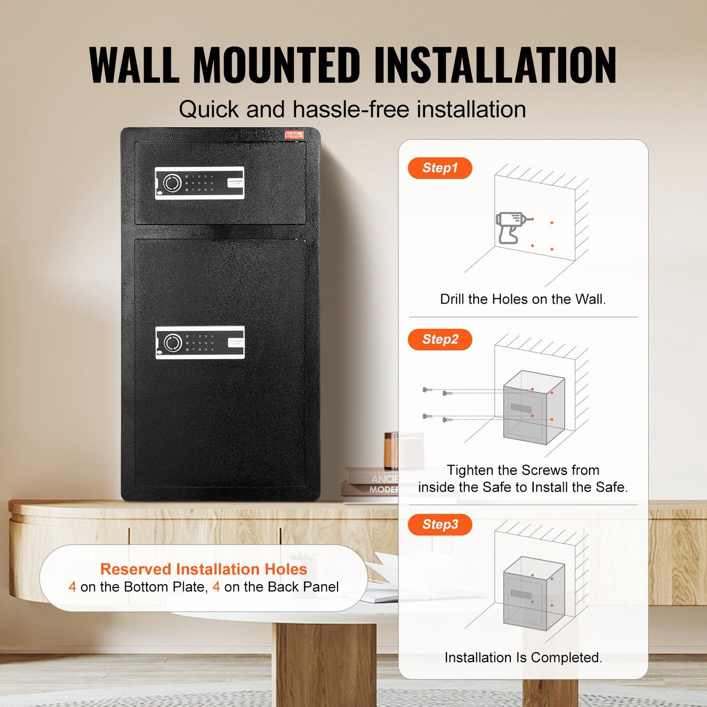 Double Doors 204 L Safe Box with Key Lock & Password, Safe Lock Box with Fireproof Bag, Key Rack, LED Light and 2 Height Adjustable and Removable Divider for Money, Documents, Jewelry and Valuables, Black