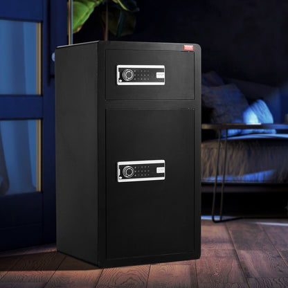 Double Doors 204 L Safe Box with Key Lock & Password, Safe Lock Box with Fireproof Bag, Key Rack, LED Light and 2 Height Adjustable and Removable Divider for Money, Documents, Jewelry and Valuables, Black