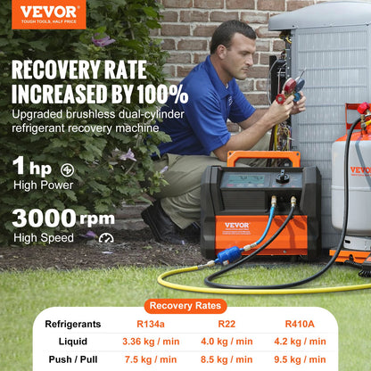 Refrigerant Recovery Machine, 1 HP Dual Cylinder Portable AC Recovery Machine with 3000rpm Brushless Motor, Freon Refrigerant Recycling Tool for Automotive, Air Condition, Household HVAC